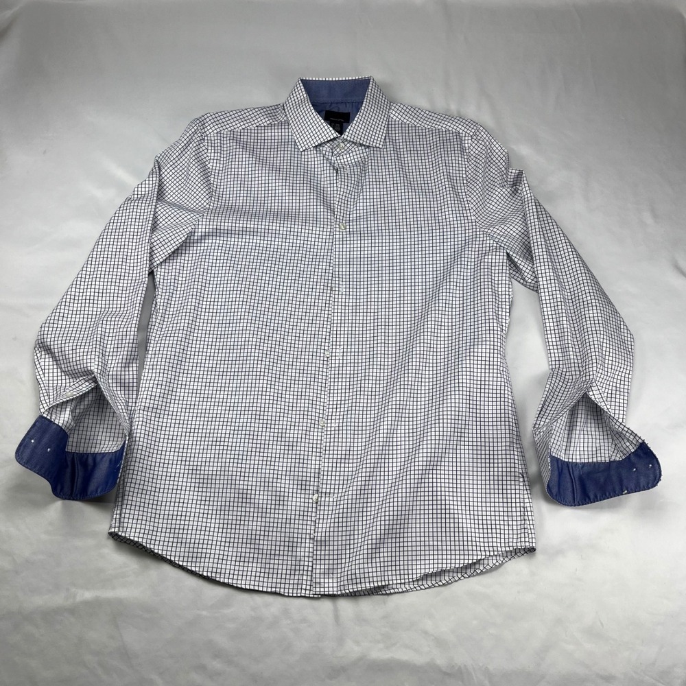 HM Premium Cotton Windowpane Check Button Down Shirt Mens Large WHT Blue Long Sl
